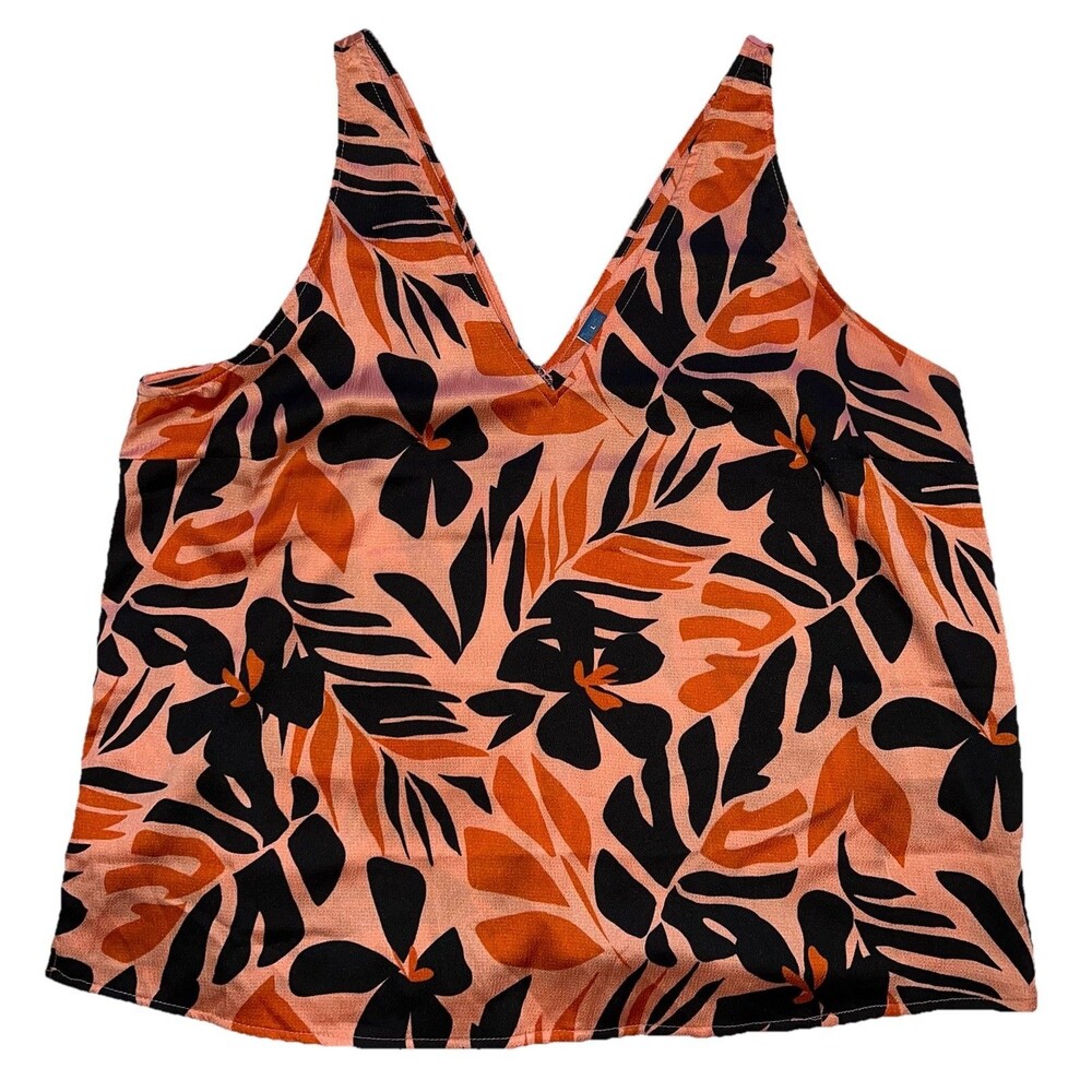 Women’s Old Navy Orange Satin V-Neck Tank Blouse Size Large Leaf Print Tropical